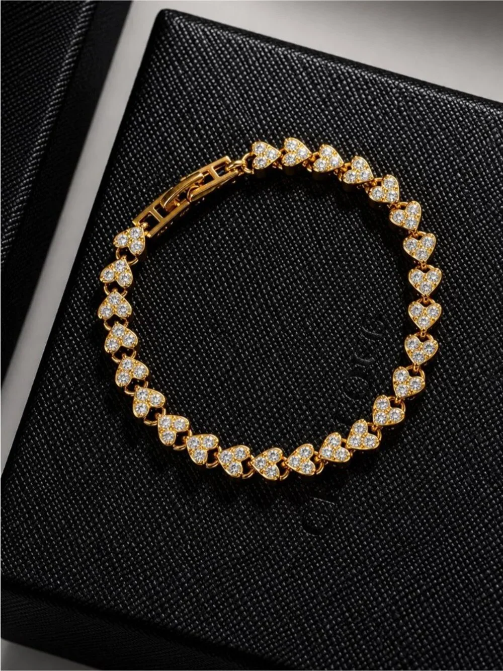 Gold color Heart Link Bracelet with Clear Stones